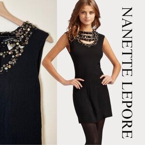 Nanette Lepore 100% Merino Wool Black Dress | Beaded Neckline | Small